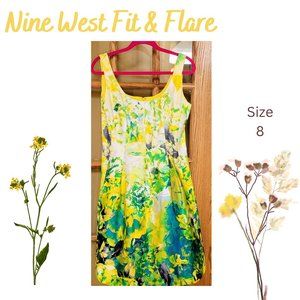 Nine West Fit & Flare vibrant Floral Cotton yellow, green, & blue dress sz 8